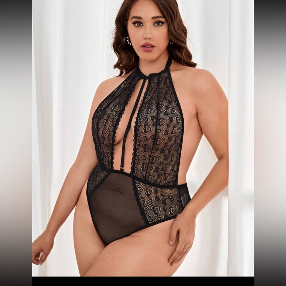Plus Floral Lace Backless Halter Teddy bodysuit valentines! 1x